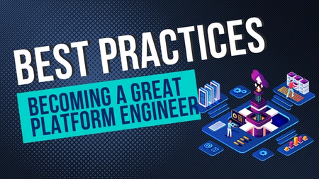 The image contains the text "Best Practices: Becoming a Great Platform Engineer" in bold, white, and blue letters. The background is a dark, textured pattern, and the image includes stylized 3D graphics of technology-related objects such as servers, data centers, and other tech infrastructure components. The overall theme of the image conveys the idea of engineering and platform management in a modern, digital context.