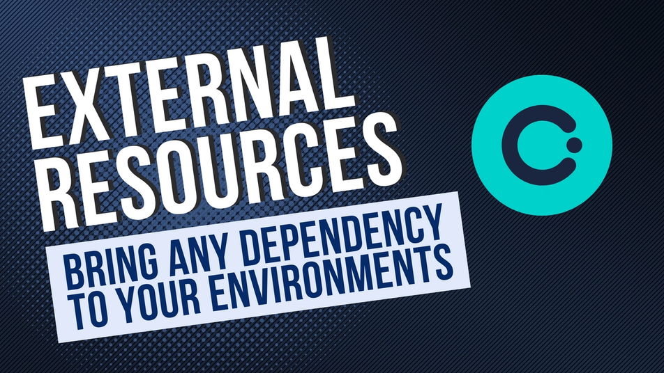 The image features the text "External Resources: Bring Any Dependency to Your Environments" in bold white and blue letters on a dark, textured background. The Okteto logo, a teal circle with a stylized "C," is displayed on the right side. The design highlights the concept of integrating external resources or dependencies into development environments, emphasizing flexibility and accessibility in managing these resources with the help of Okteto.