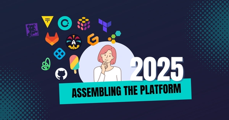 Graphic image with headline "assembling the platform in 2025" with woman thinking and collection of platform engineering logos floating