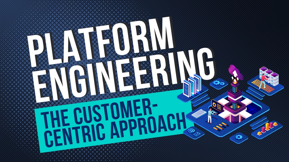 The image contains the text "Platform Engineering: The Customer-Centric Approach" in bold, white, and blue letters. The background is a dark, textured pattern, and similar to the previous image, it includes stylized 3D graphics depicting technology-related objects like servers, data centers, and other tech infrastructure elements. The focus of the image suggests an emphasis on platform engineering with a particular approach centered around customer needs and experiences.