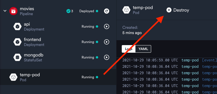 Destroy a pod using the button in the okteto Dashboard