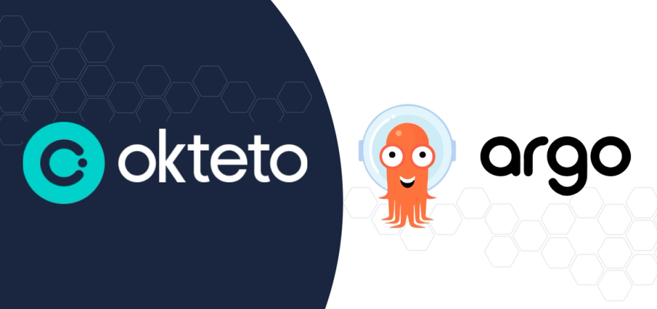The image features the logos of Okteto and Argo. The background is split into two sections: the left side is dark blue with a hexagonal pattern and contains the Okteto logo (a teal circle with a stylized "C" and the text "Okteto"), while the right side is white with a subtle hexagonal pattern and displays the Argo logo, which includes a cartoon octopus wearing a helmet next to the word "argo" in bold black letters. The design suggests a collaboration or integration between Okteto and Argo, two tools often used in cloud-native and Kubernetes environments.