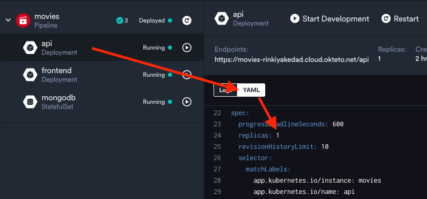 See the number of replicas in the okteto Dashboard