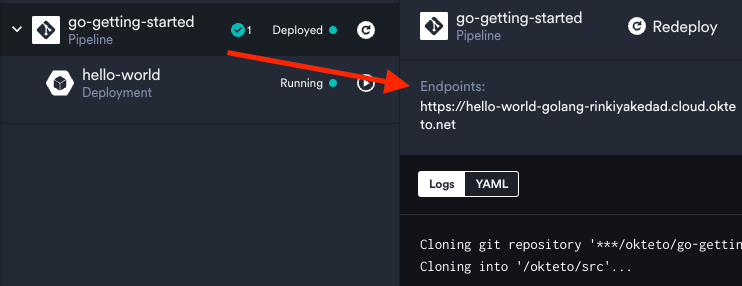 Screenshot of the application's endpoints directly okteto Dashboard