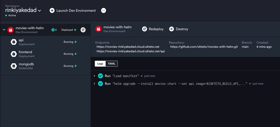 Endpoints on the Okteto Dashboard