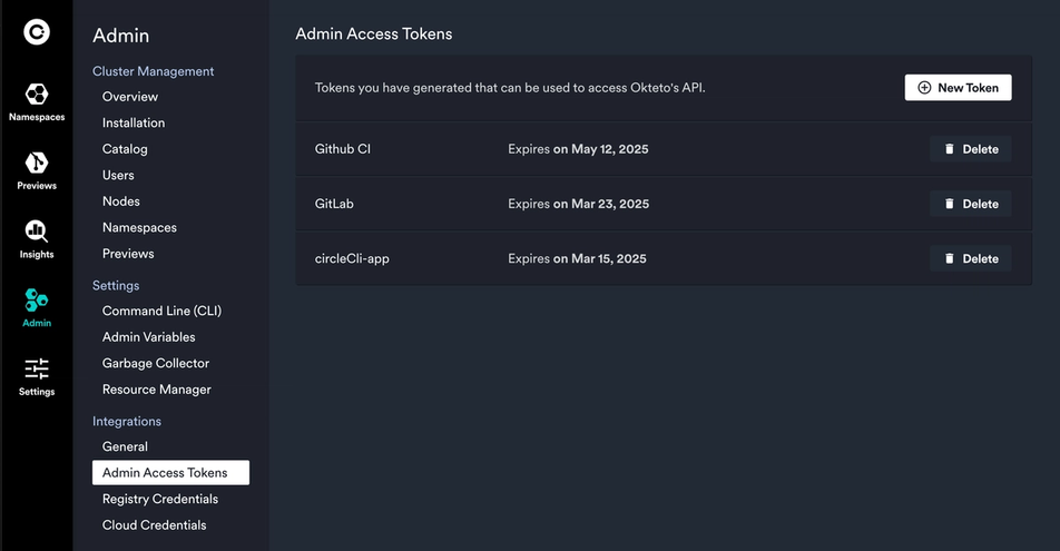 View of Okteto admin dashboard displaying admin access tokens setting