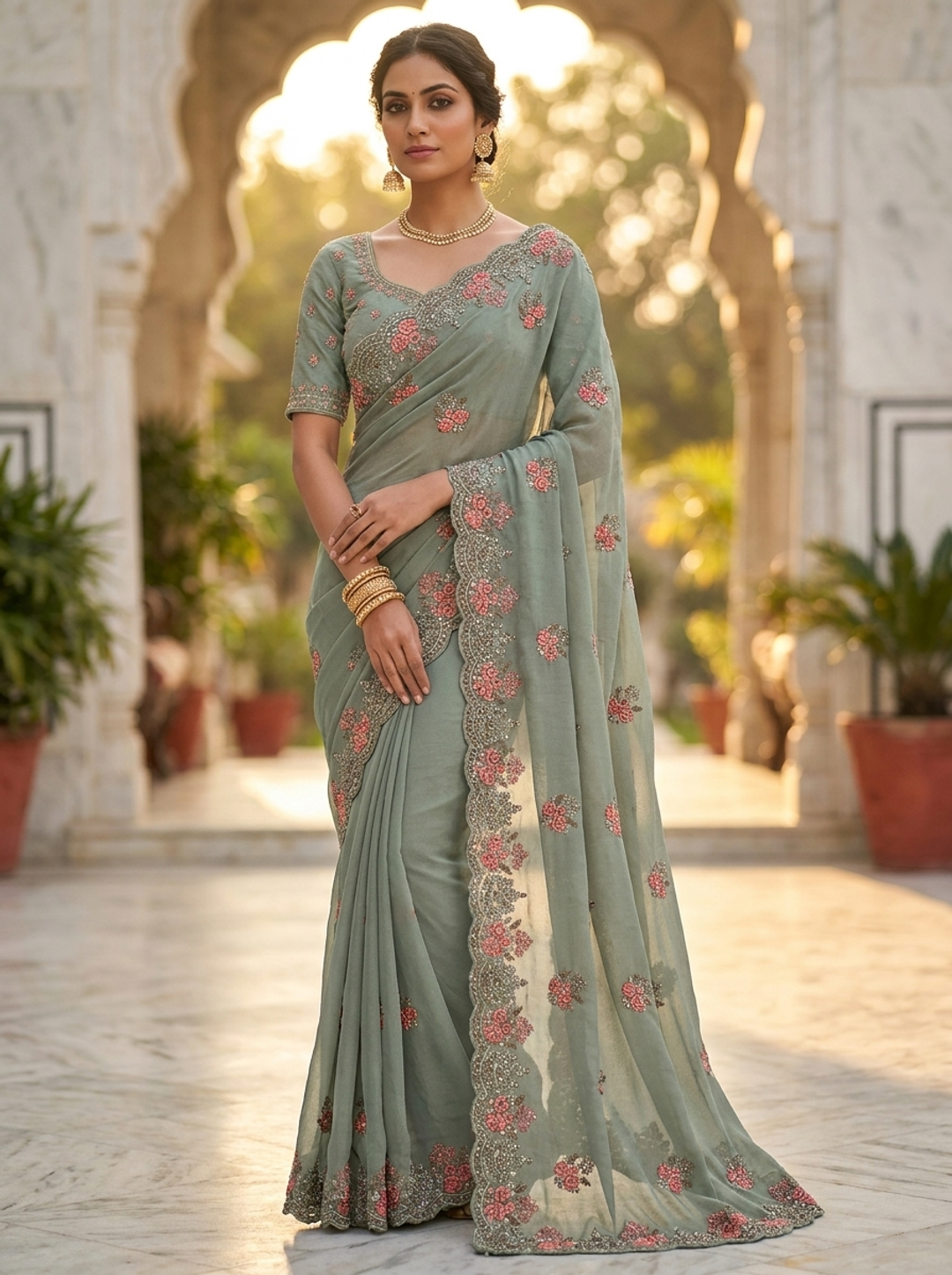 Georgette Saree with Floral Embroidery and Scallop Border