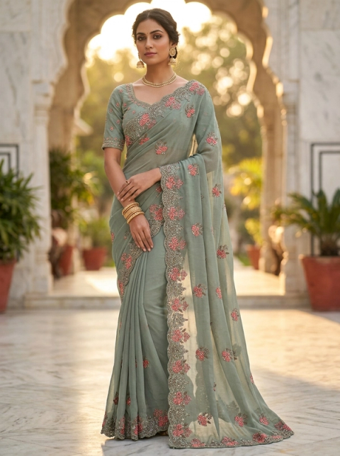 Georgette Saree with Floral Embroidery and Scallop Border