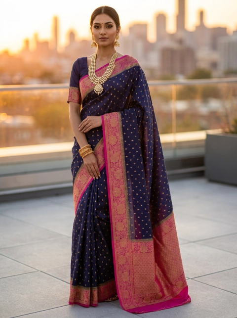 Deep Blue Pink Zari Elegance