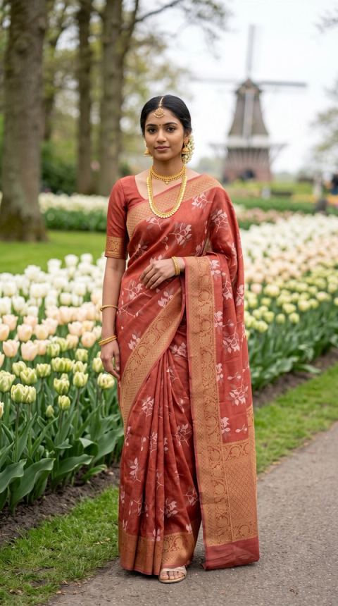 Rust Red Floral Grace Saree