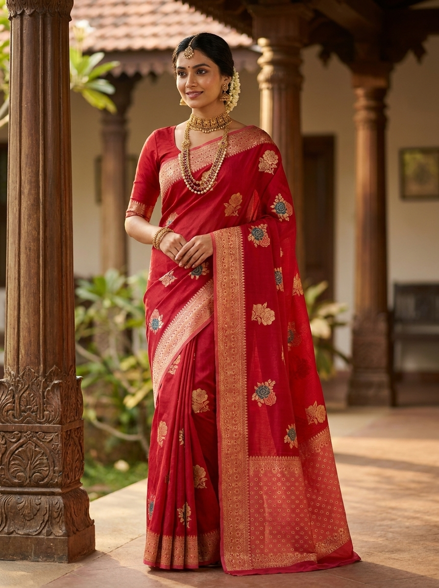 Deep Red Zari Sravanamasam Saree