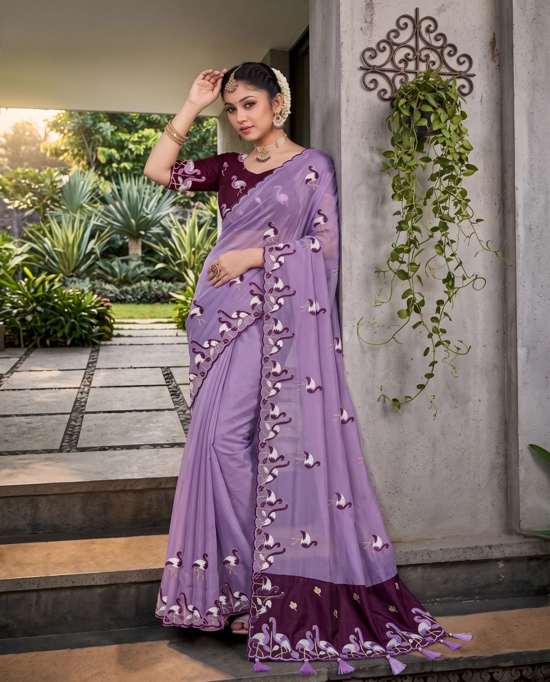 Lavender Embroidered Sravana Masam Saree