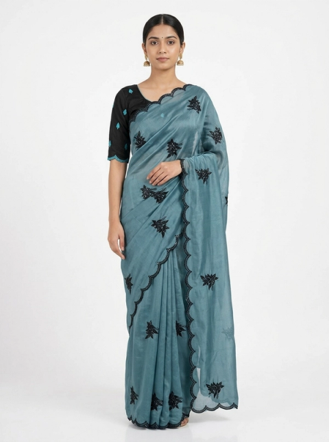 mint chiffon with cut work embroidary with blouse contrast
