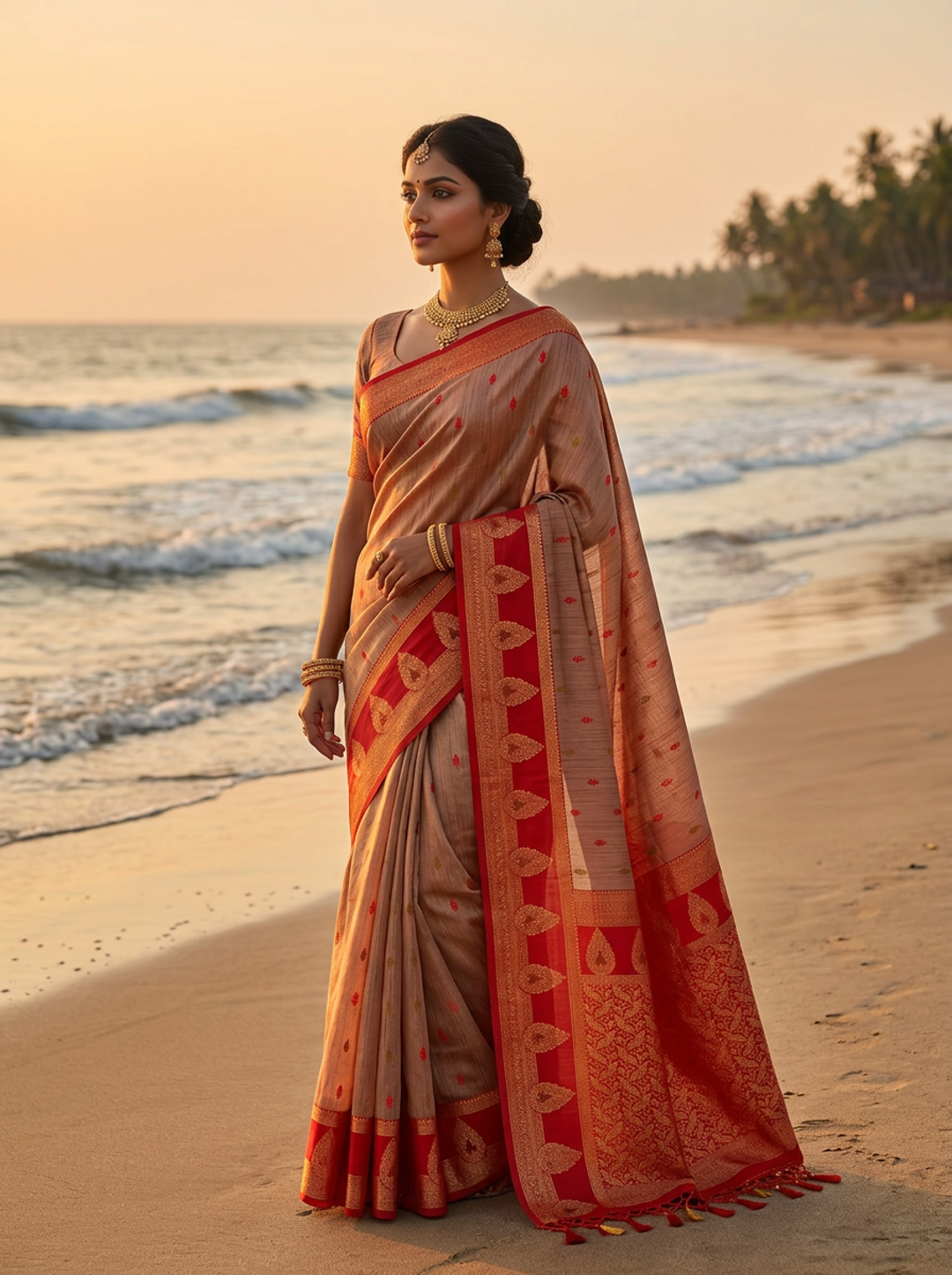 Golden Taupe Red Zari Elegance