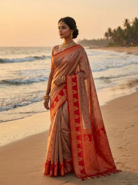 Golden Taupe Red Zari Elegance