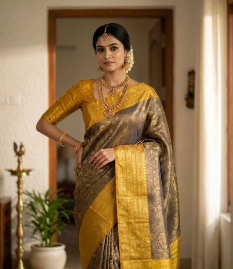 Golden Zari Festive Pattu Floral Saree