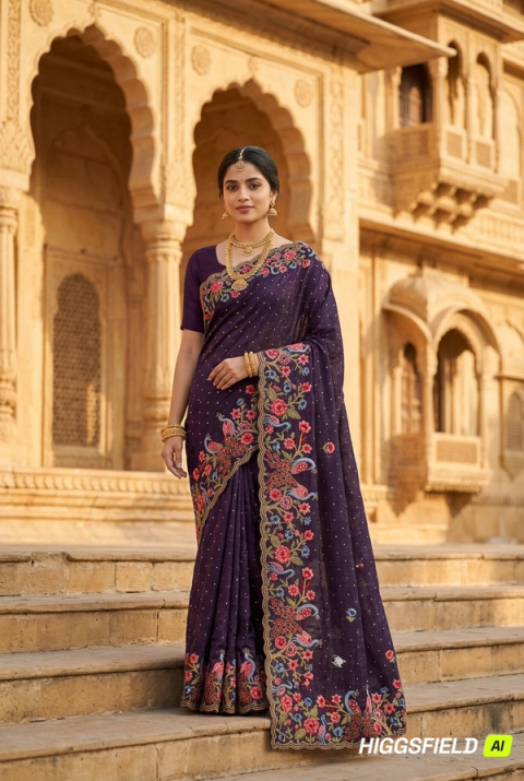 Crushed Silk Saree with Peacock Floral Embroidery