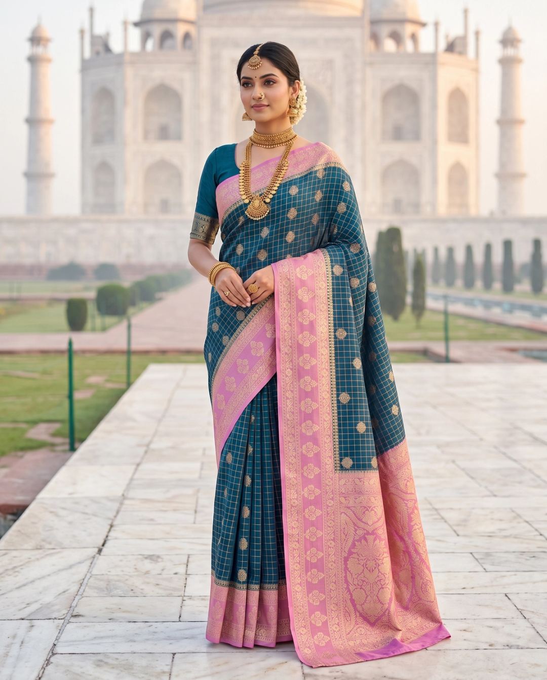 Teal Blue Pink Zari Splendor Banarasi Saree