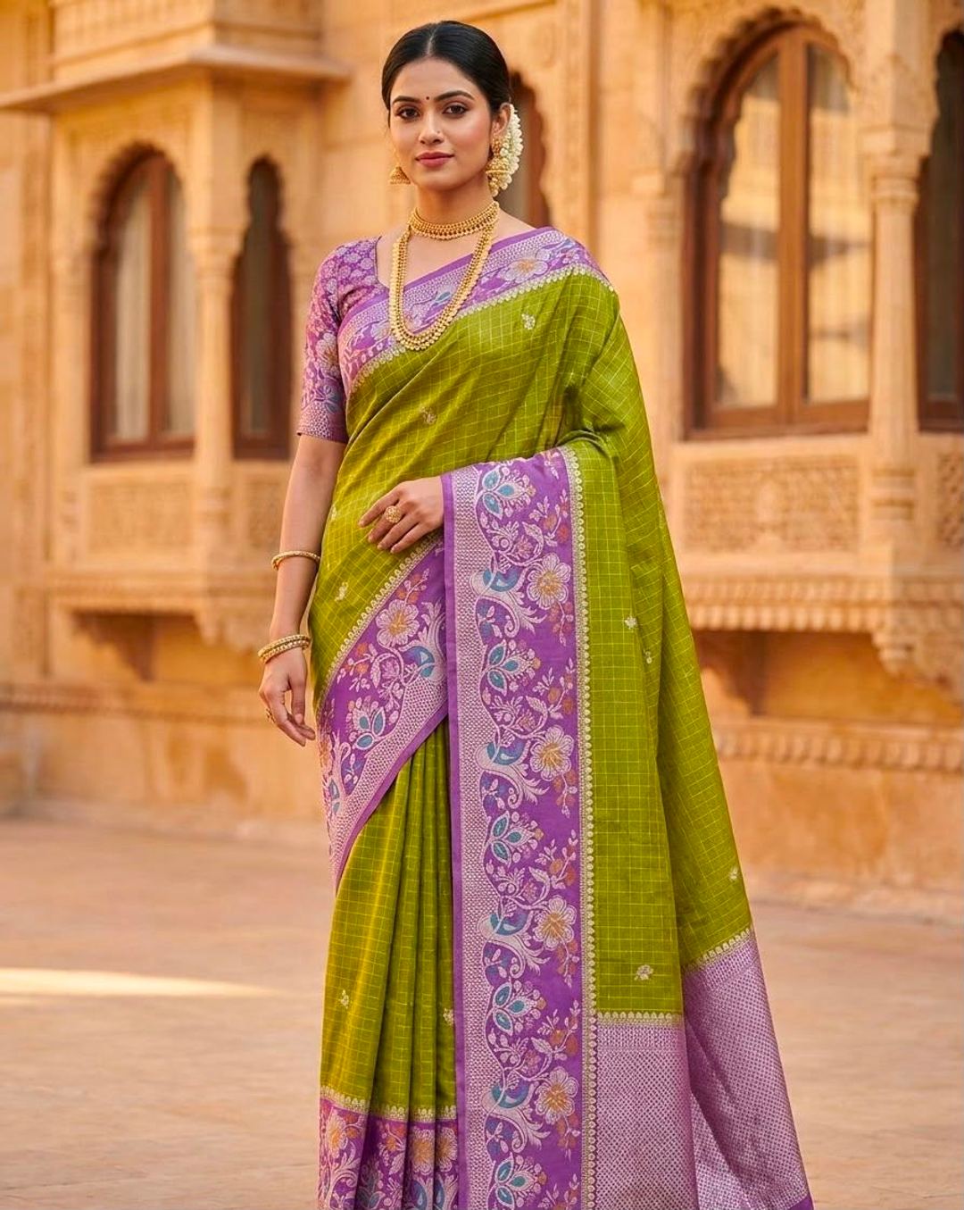 Lime Green Purple Sravanamasam Saree