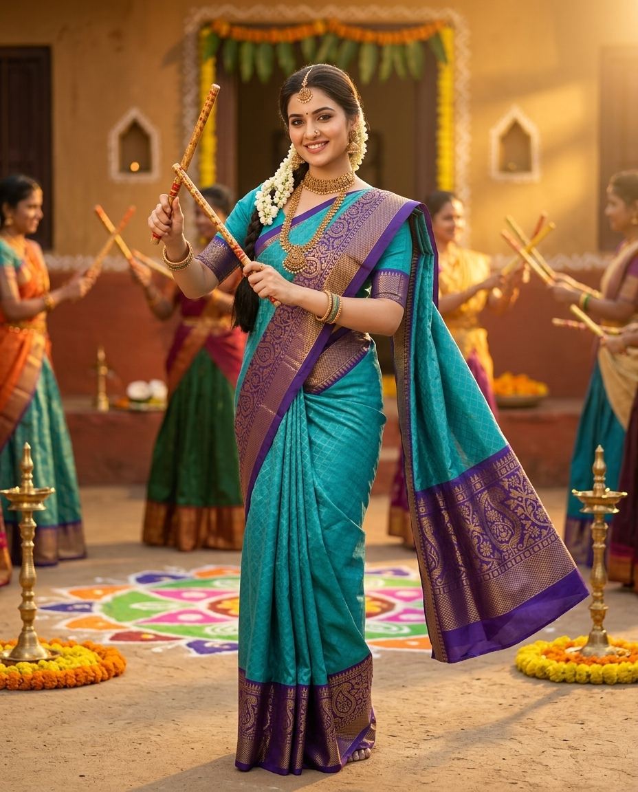 Teal Blue Purple Zari Festive Regal