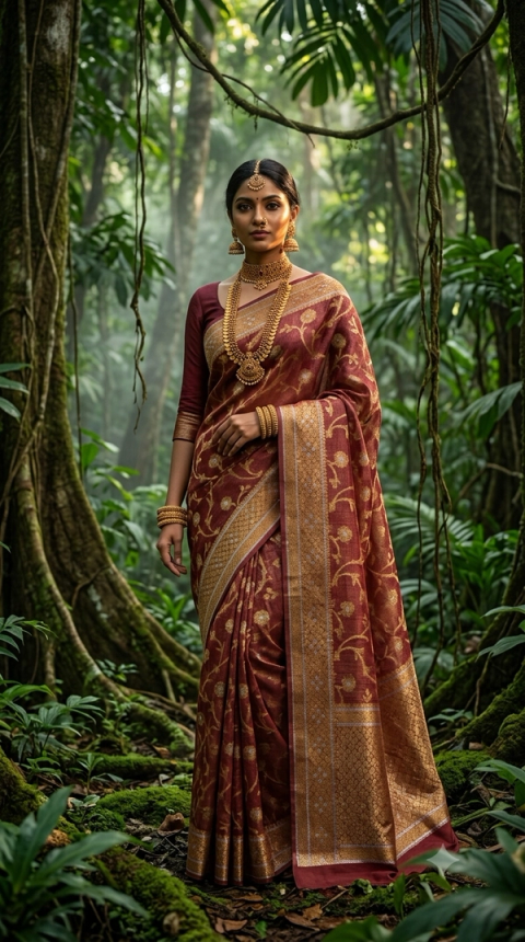 Burgundy Zari Silk Forest Charm
