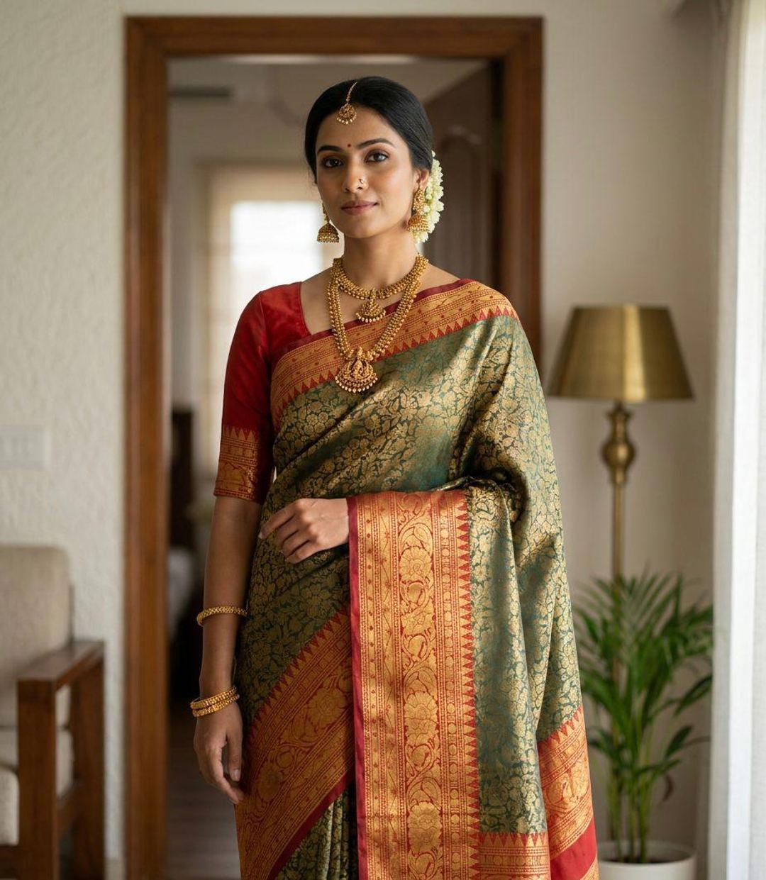 Golden Zari Festive Pattu Floral Saree
