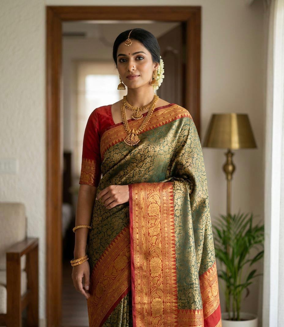Golden Zari Festive Pattu Floral Saree