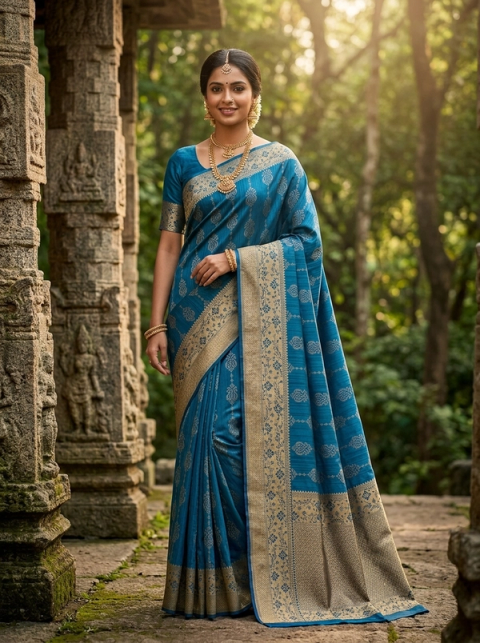 Teal Blue Zari Heritage Temple Elegance Saree