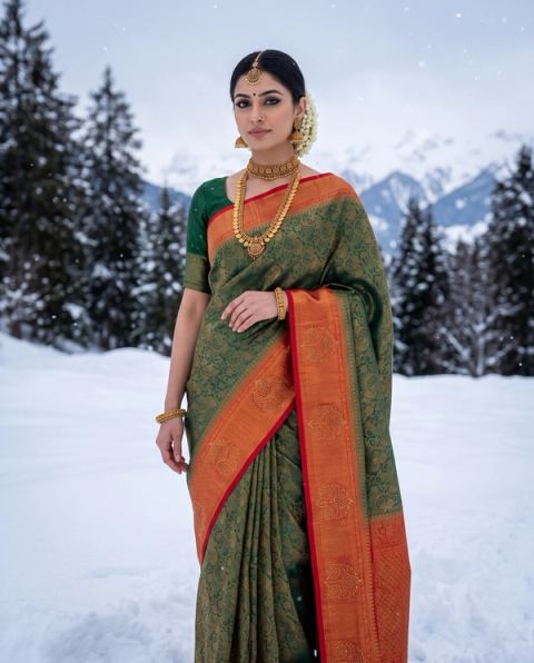 Olive Green Orange Zari Ethnic Grace