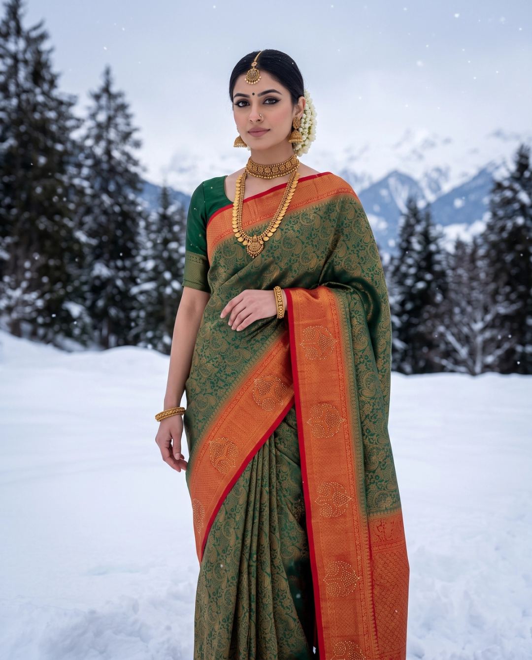 Olive Green Orange Zari Ethnic Grace