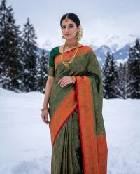 Olive Green Orange Zari Ethnic Grace