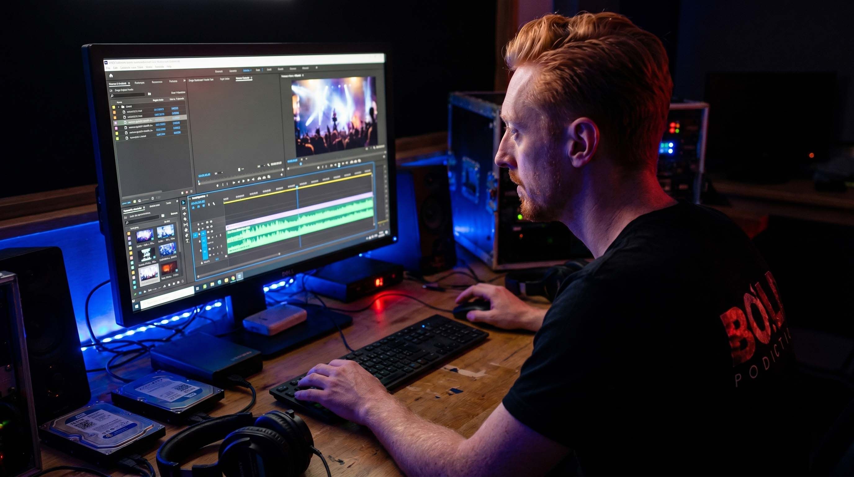 Video-editor aan het werk achter twee monitors met videobewerkingssoftware, gemaakt door Bold Productions