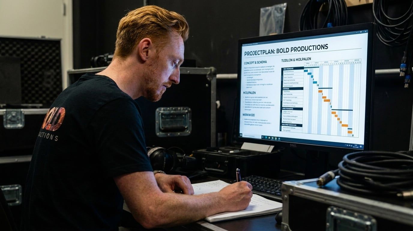 Mike Ampting, eigenaar van Bold Productions, werkt aan de planning van een productie.
