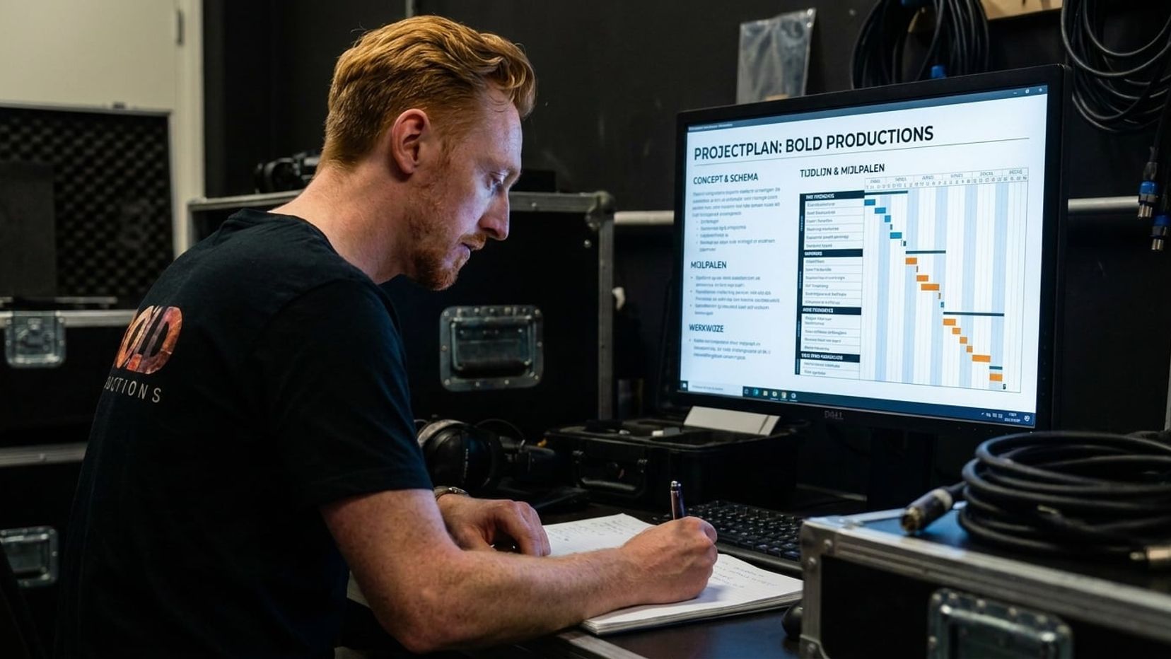 Mike Ampting, eigenaar van Bold Productions, werkt aan de planning van een productie.