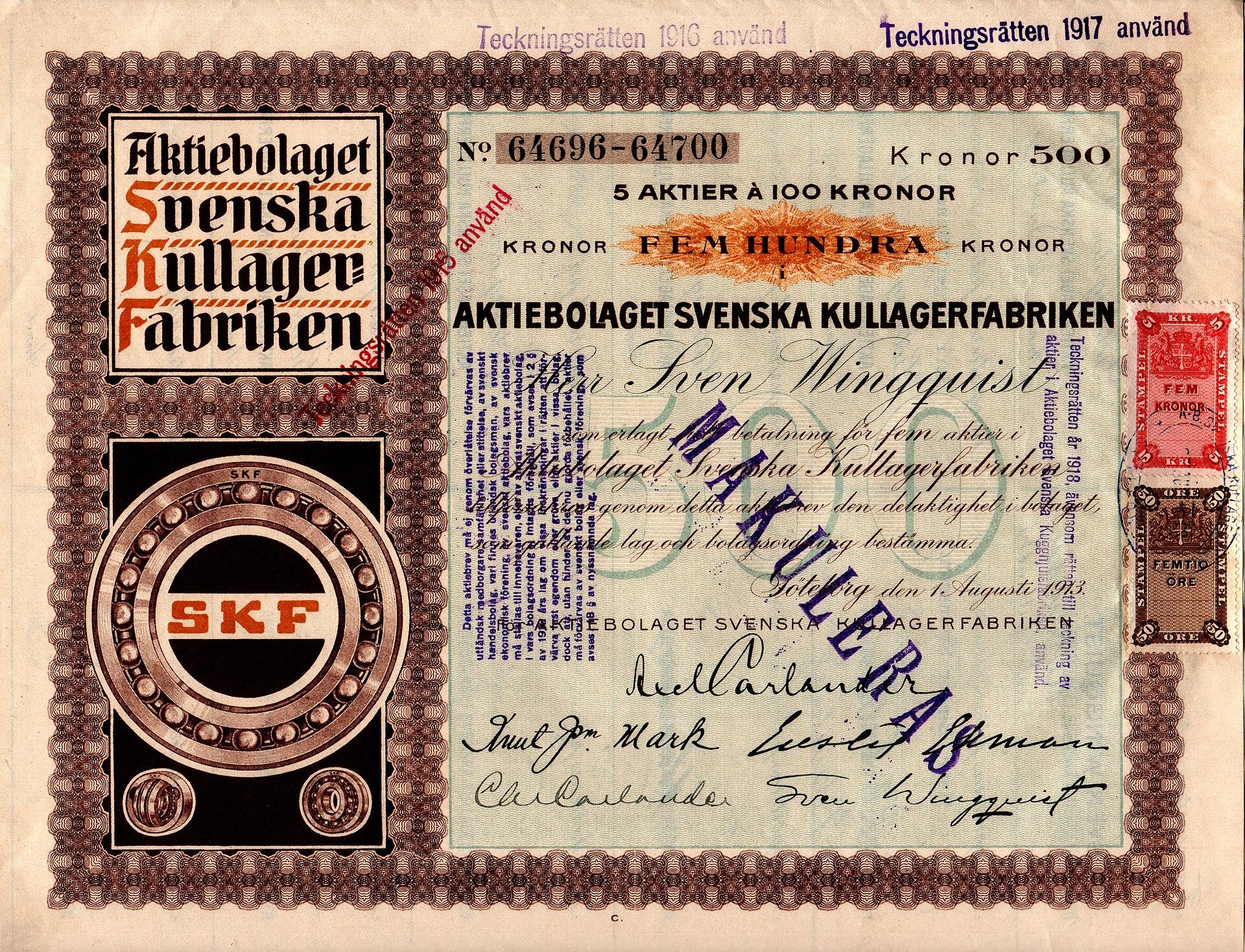 Gammelt aksjebrev fra Aktiebolaget Svenska Kullagerfabriken med stempler og underskrifter