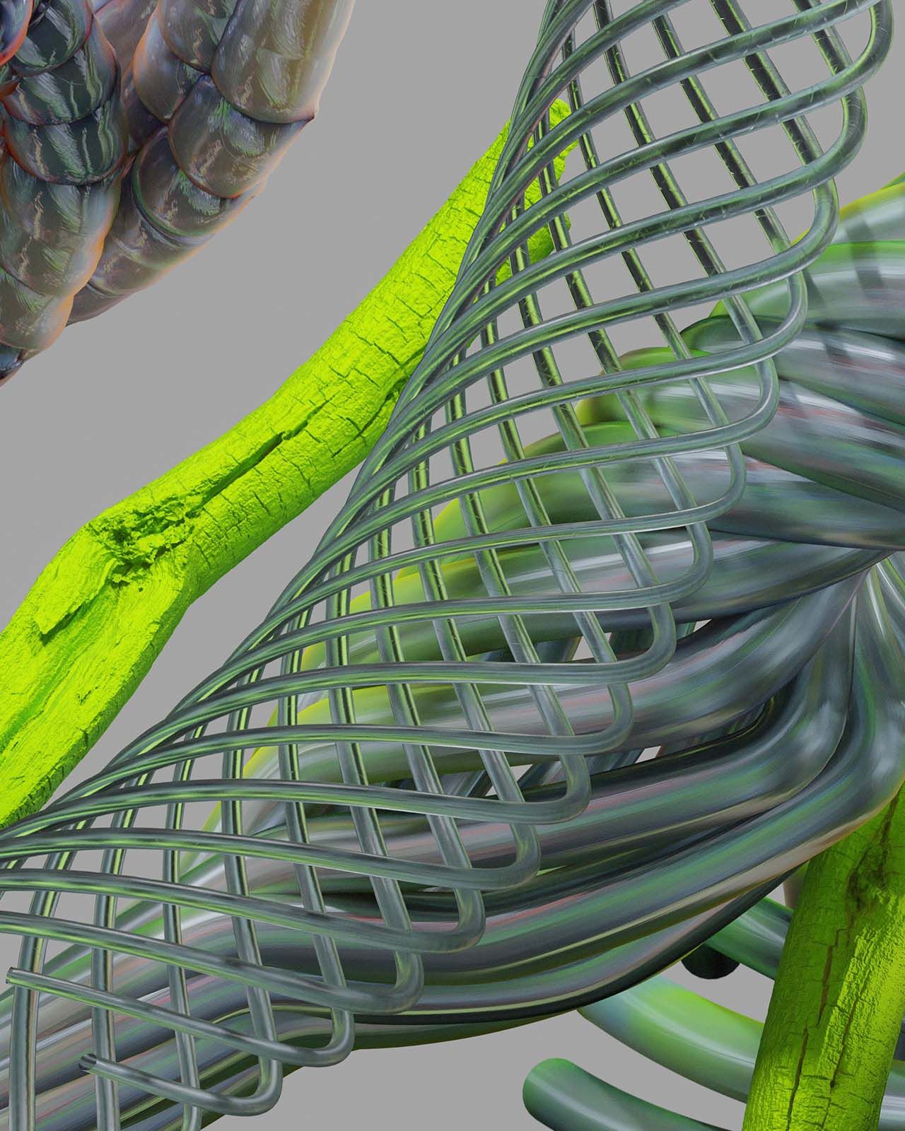 Synthetic Eden, detail: coral-like orange form wrapped in glossy procedural tubes