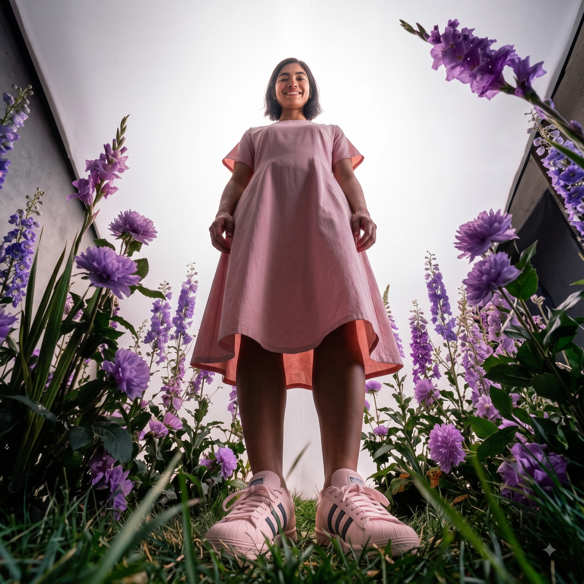 Dramatic low angle, fisheye-style, dress flared