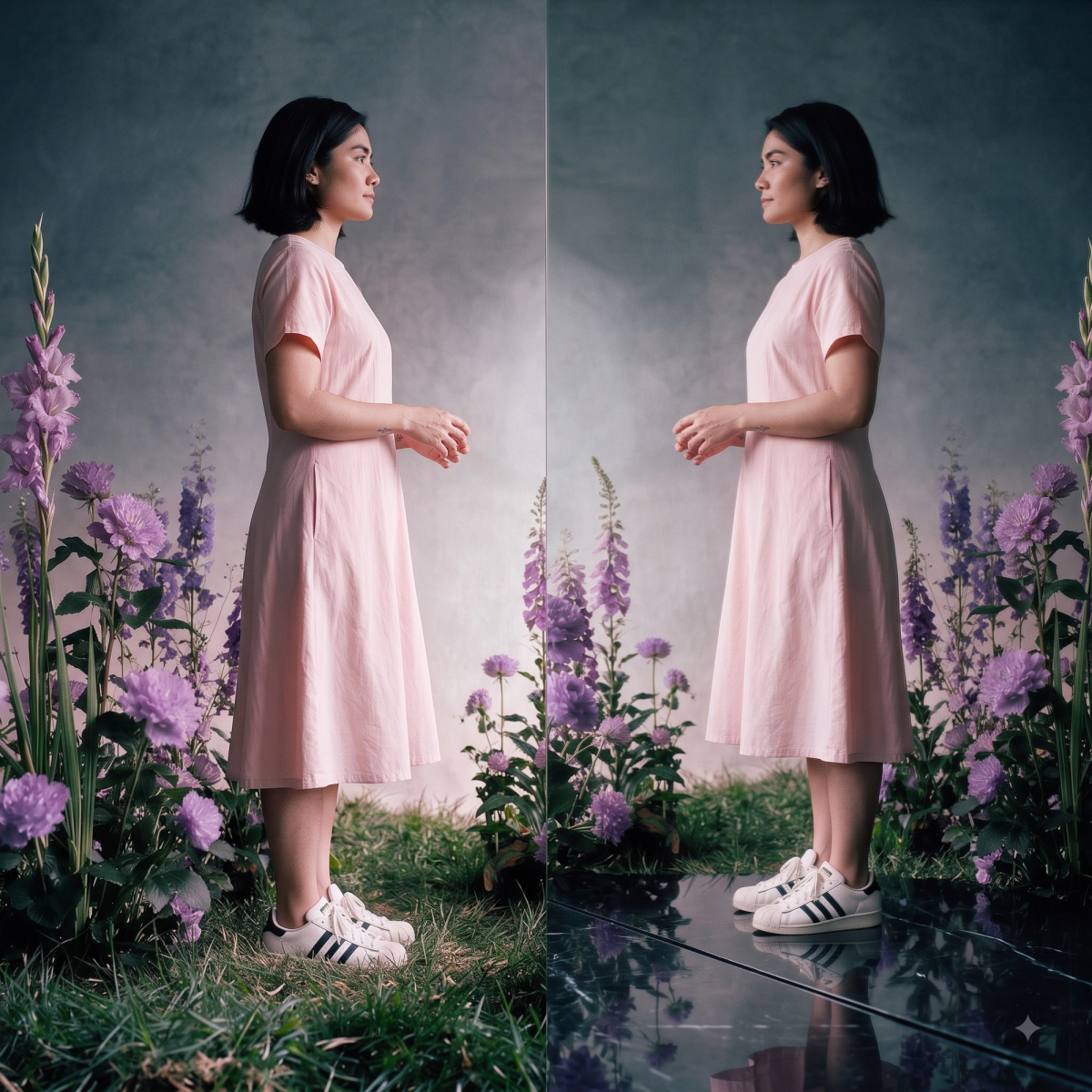 Reflection angle — profile view doubled in a mirrored floor