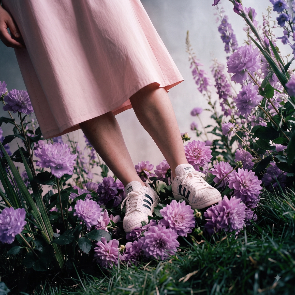 High angle looking down at the feet stepping through flowers
