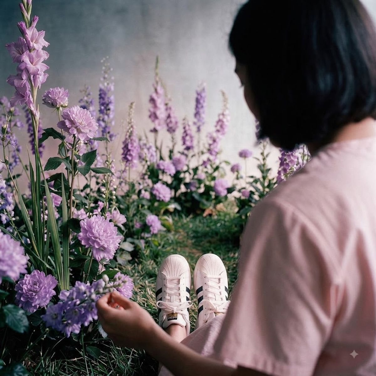 Over-the-shoulder side profile among the flowers