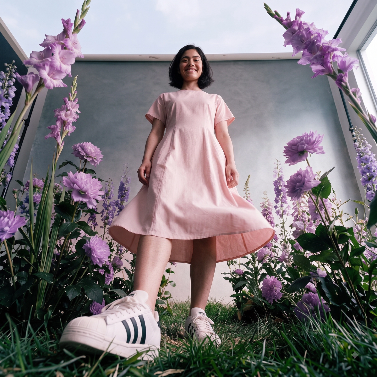 Extreme low angle, wide perspective, shoe large in foreground