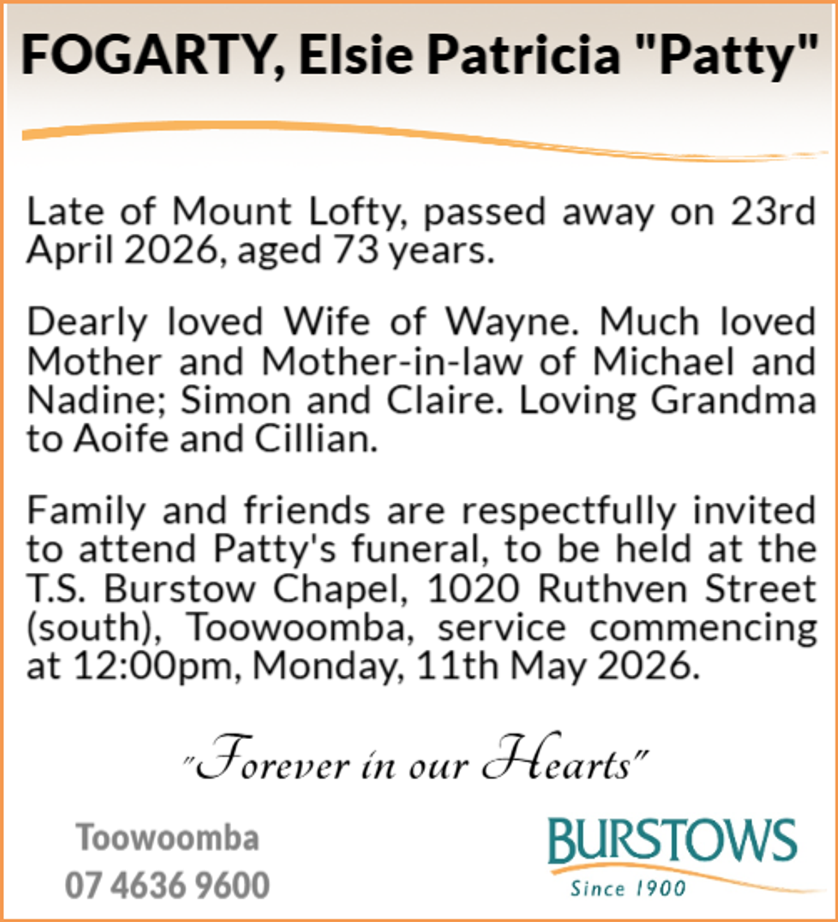 Funeral notice for Elsie Patricia Fogarty