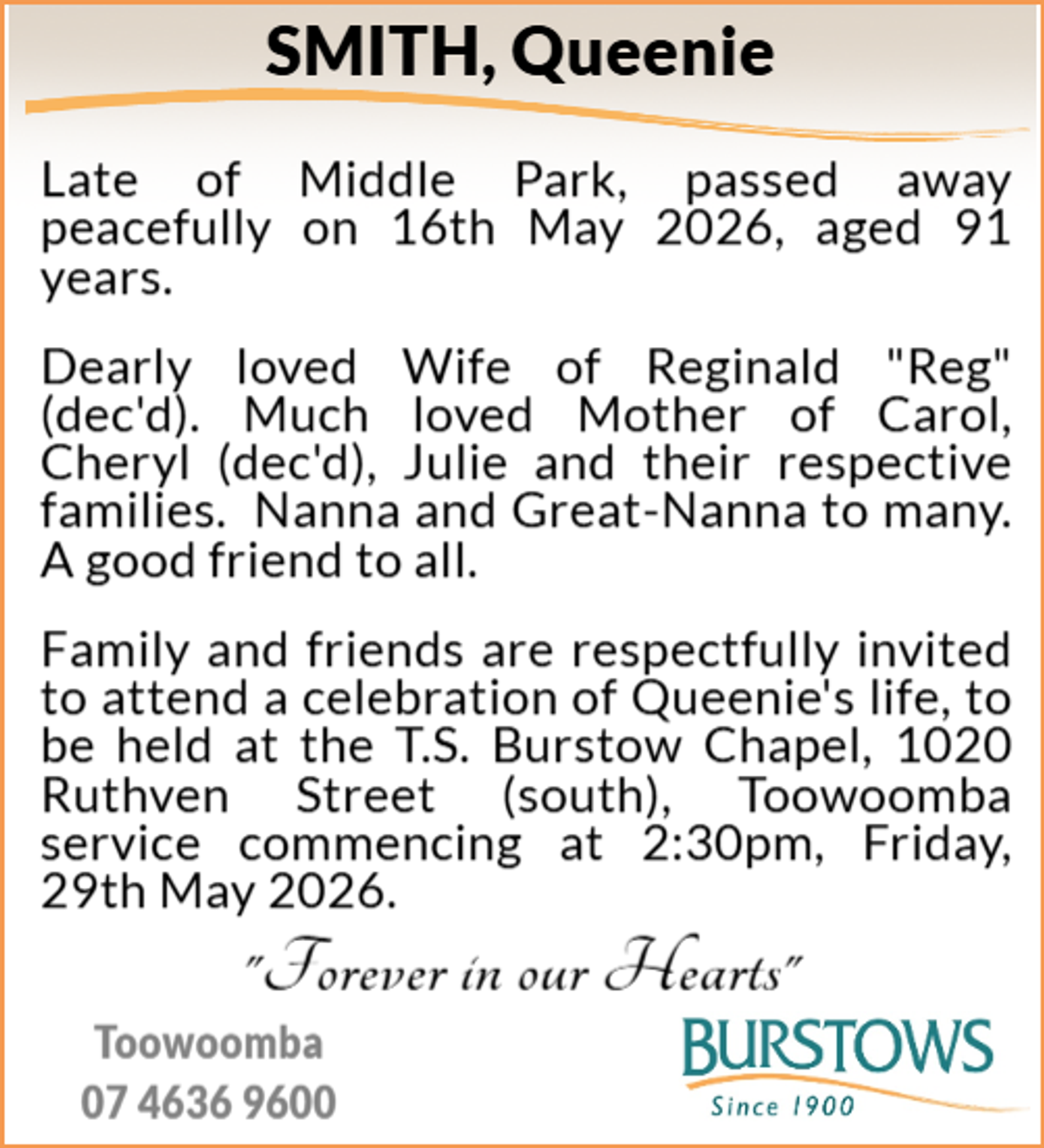 Funeral notice for Queenie Smith