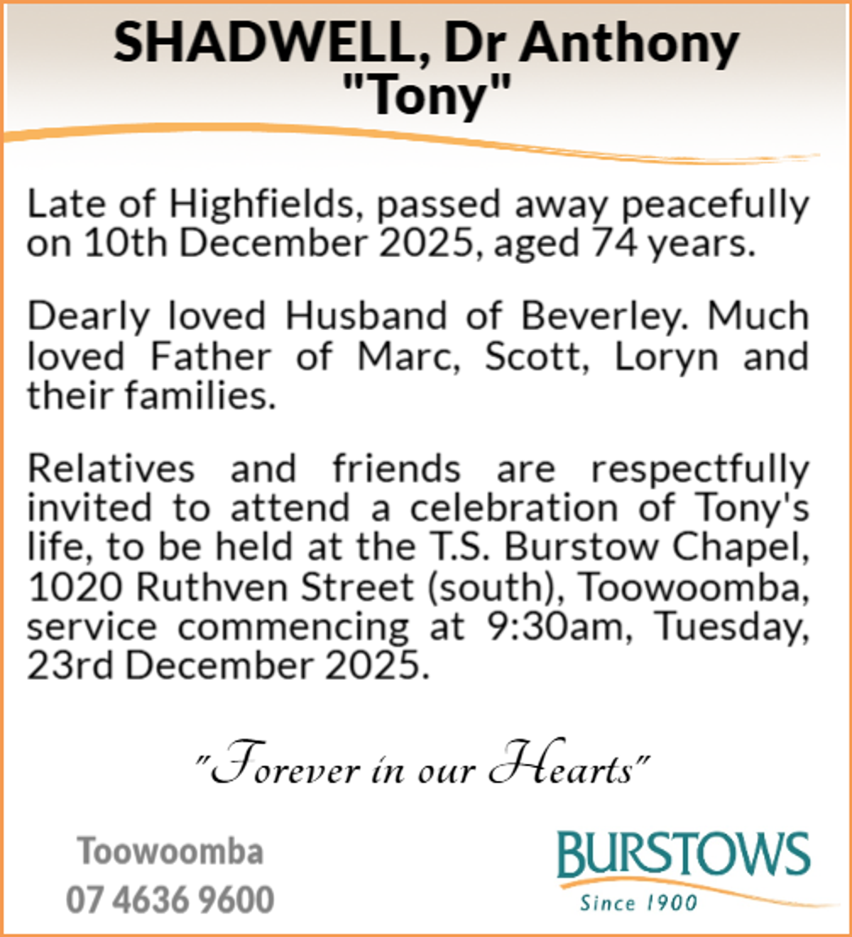 Funeral notice for Anthony Shadwell