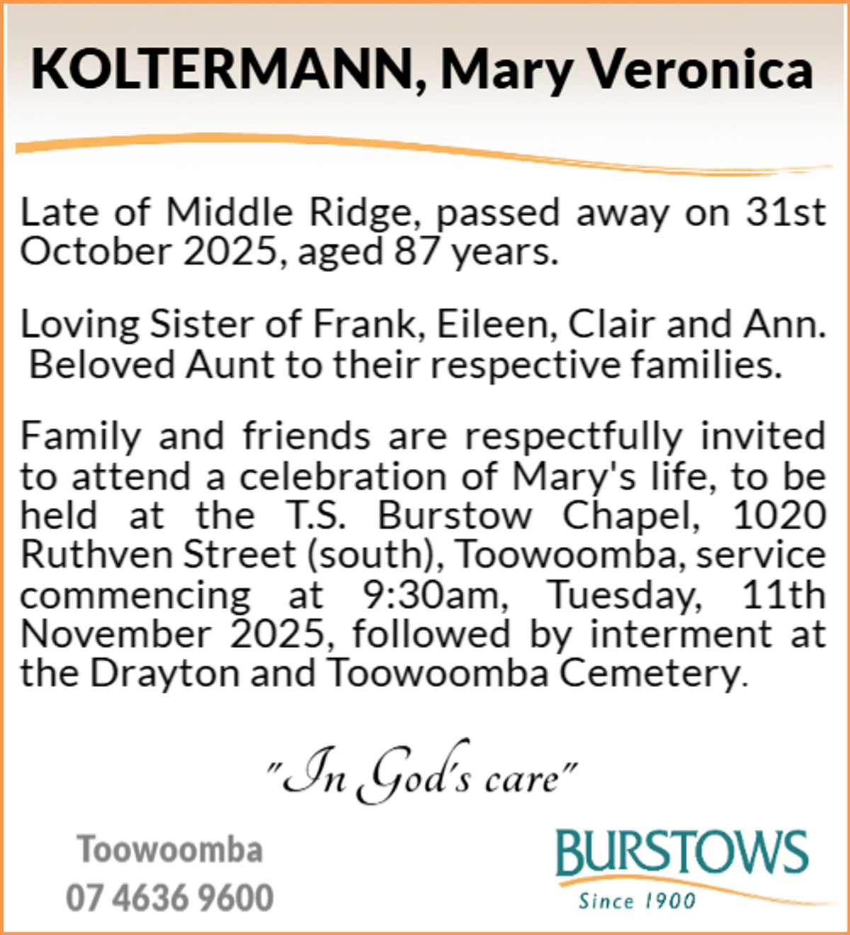 Funeral notice for Mary Veronica Koltermann