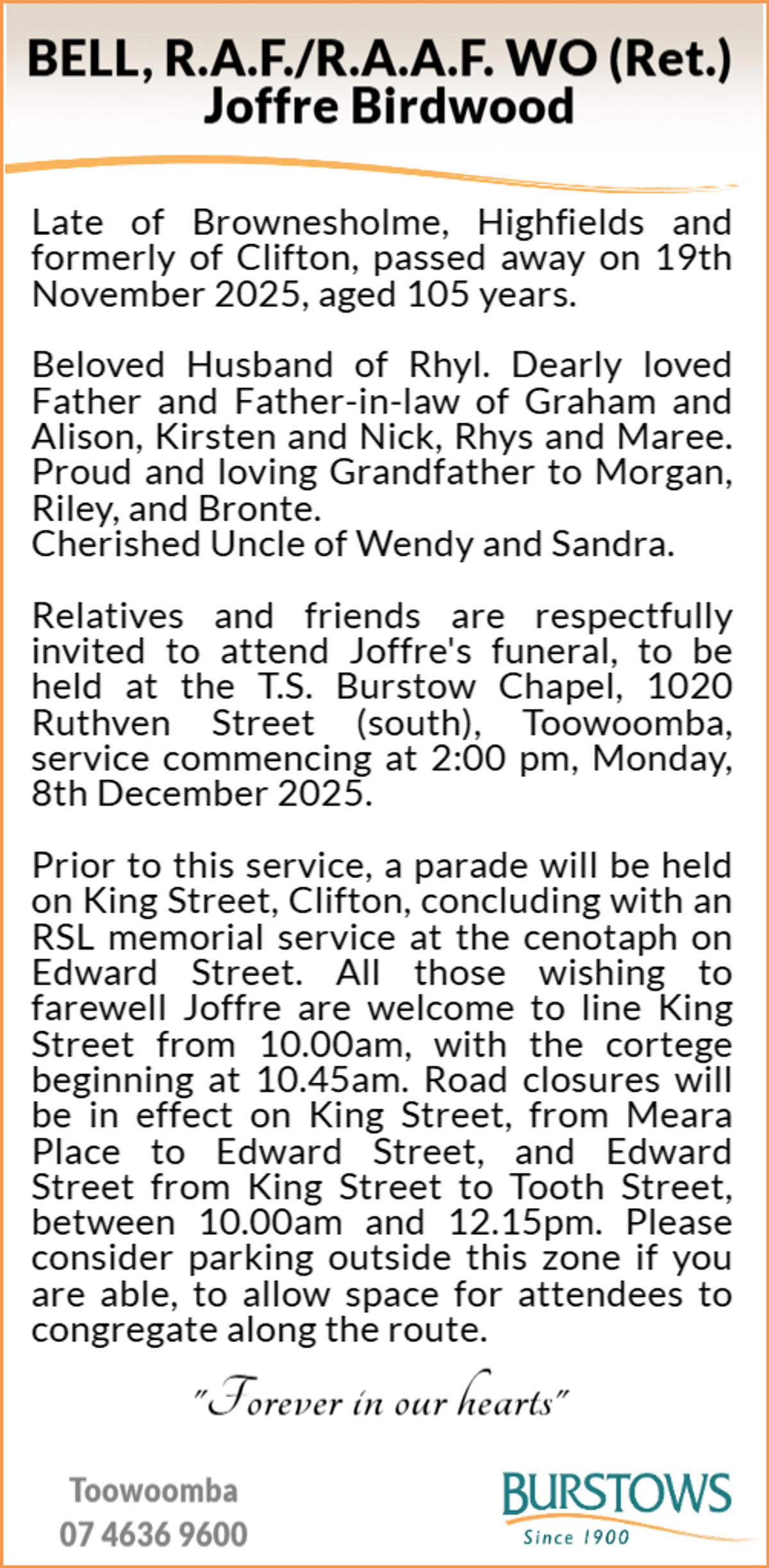 Funeral notice for Joffre Birdwood Bell