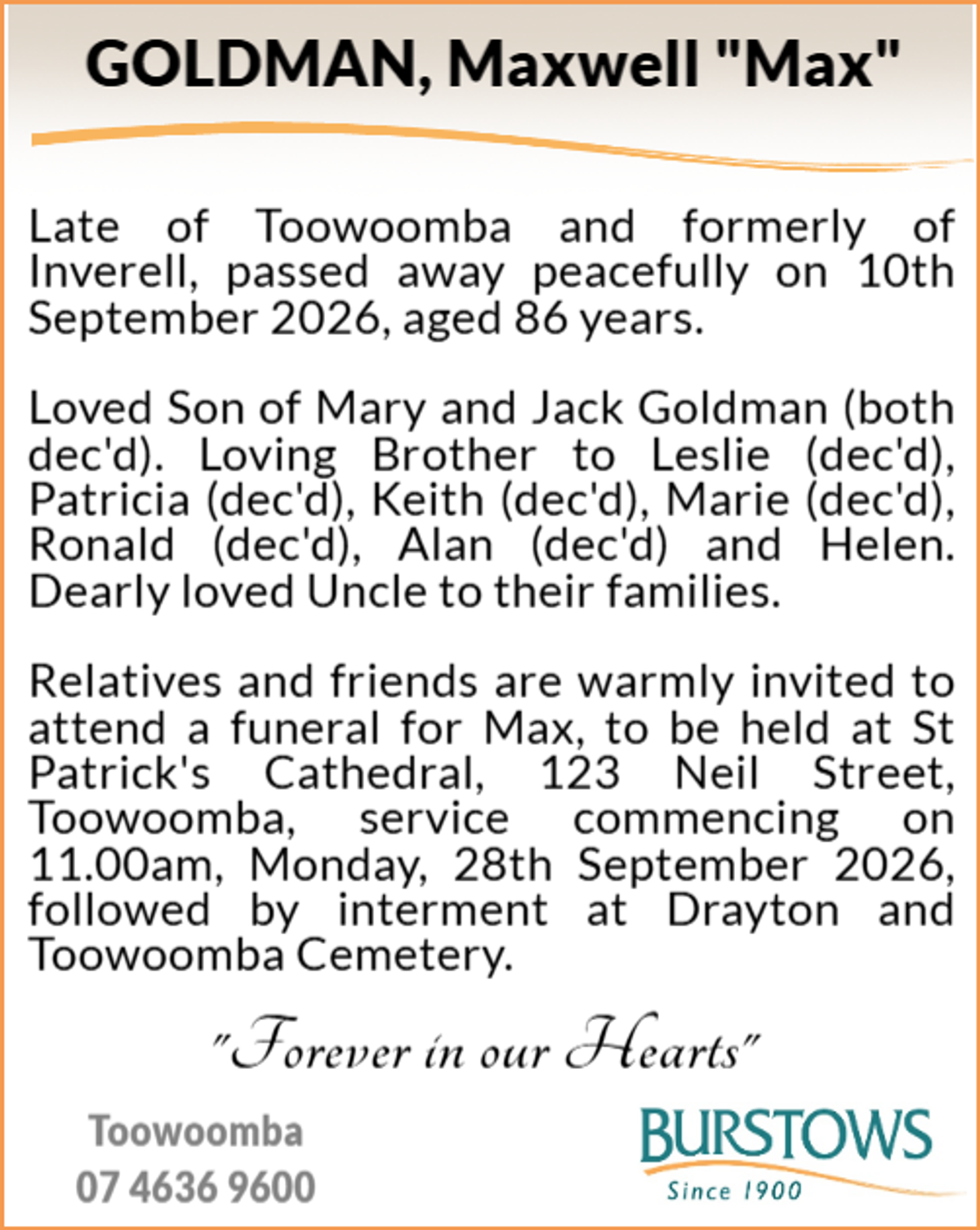 Funeral notice for Maxwell Goldman