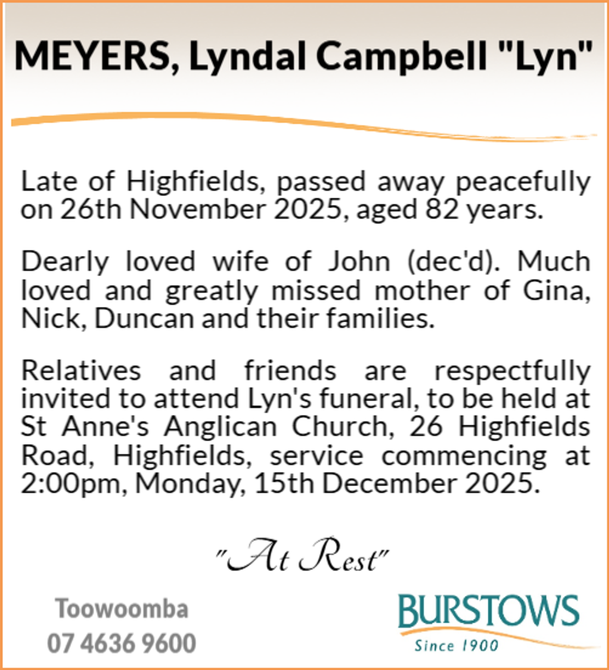 Funeral notice for Lyndal Campbell Meyers
