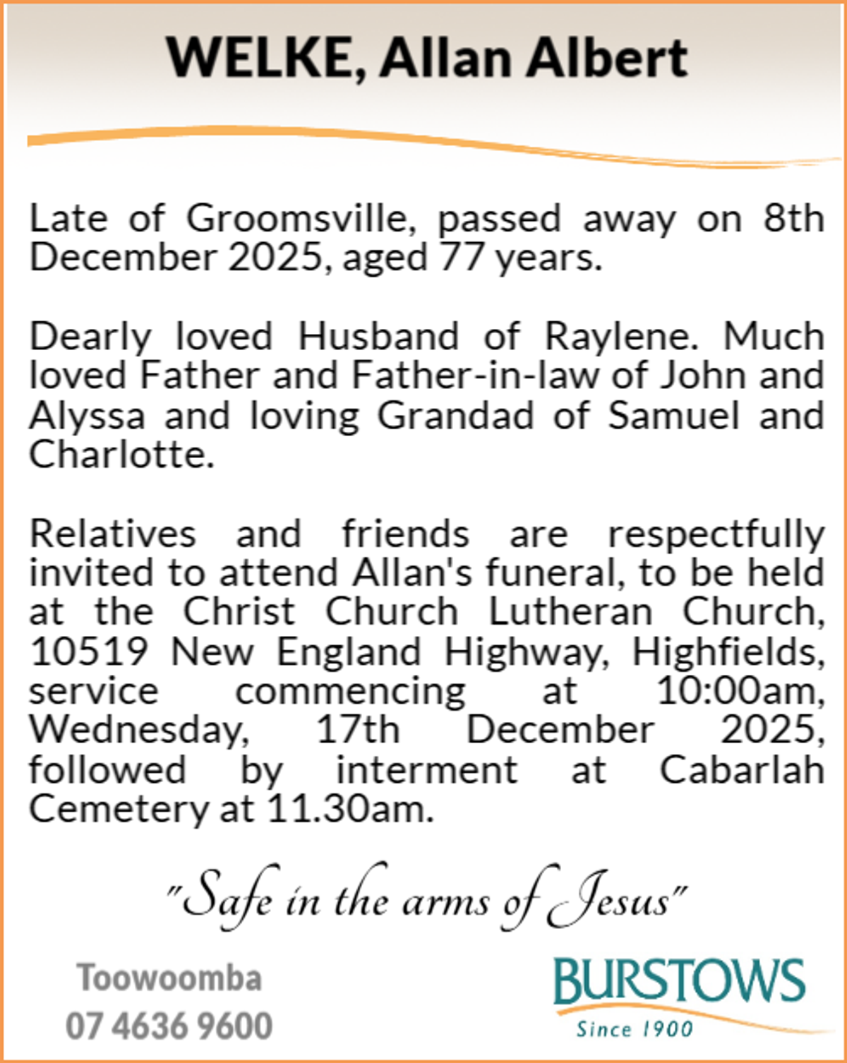 Funeral notice for Allan Albert Welke