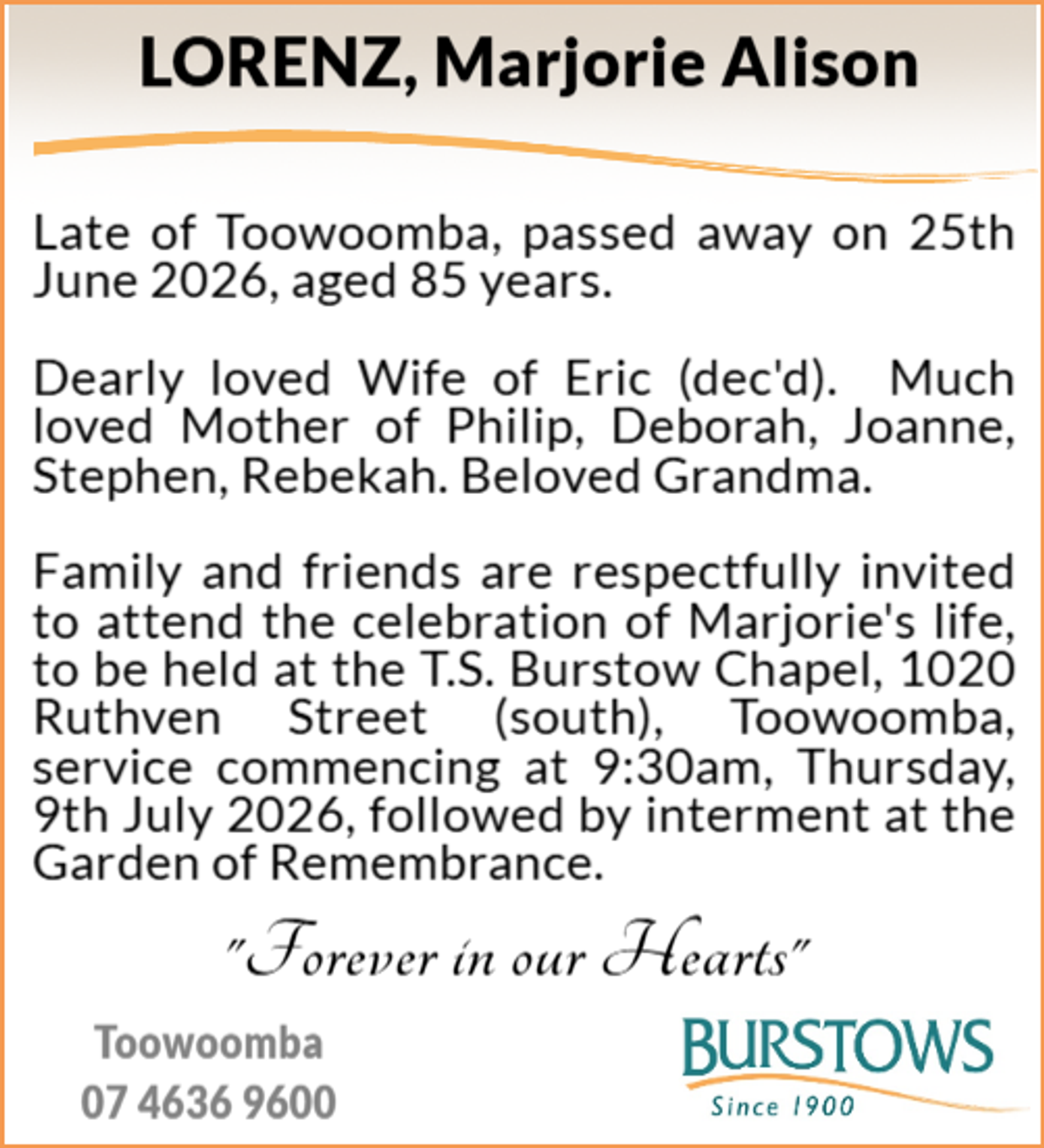 Funeral notice for Marjorie Alison Lorenz